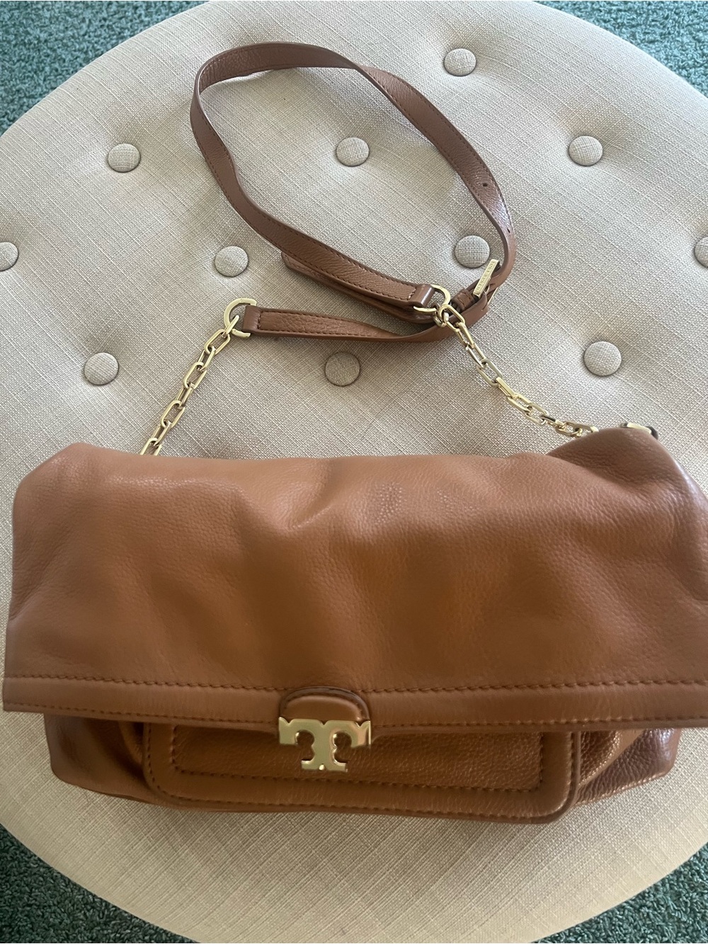 Tory Burch Cognac Fold over Amanda  Tan Leather Shoulder Bag with Gold Hardware